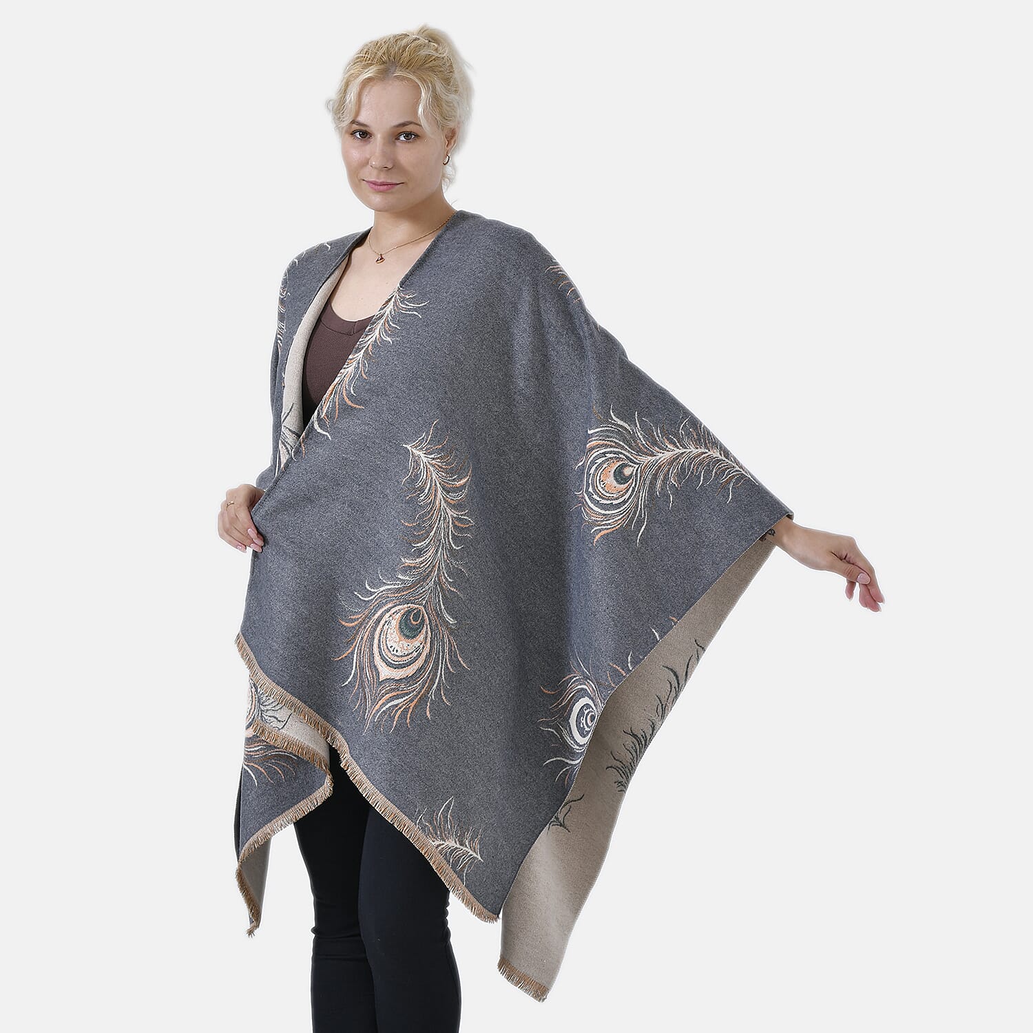 The Most Sumptuous Scarf at TJC - Super Soft Peacock Feather Print Wrap-on - Grey