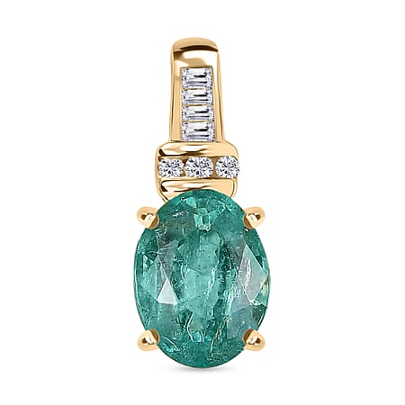 9K Yellow Gold AAA Zambian Emerald & White Diamond Pendant 1.16 Ct.