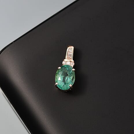 9K Yellow Gold AAA Zambian Emerald & White Diamond Pendant 1.16 Ct.