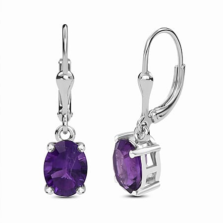 African Amethyst Solitaire Lever Back Earrings in Rhodium Overlay Sterling Silver