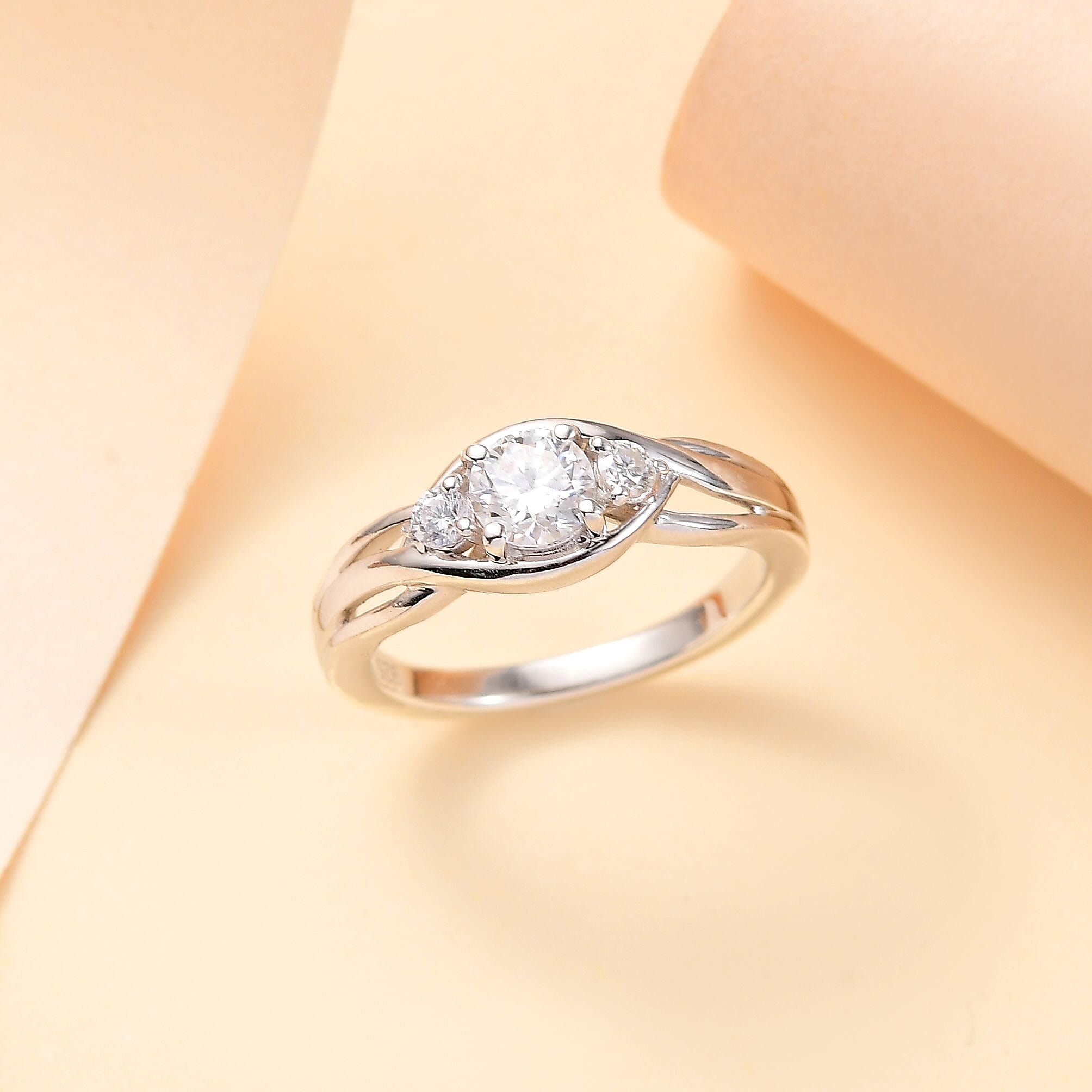 Moissanite Infinity Three Stone Ring in Platinum Overlay Sterling Silver