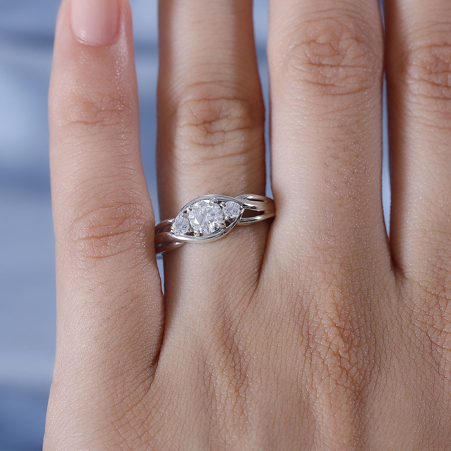Moissanite Infinity Three Stone Ring in Platinum Overlay Sterling Silver