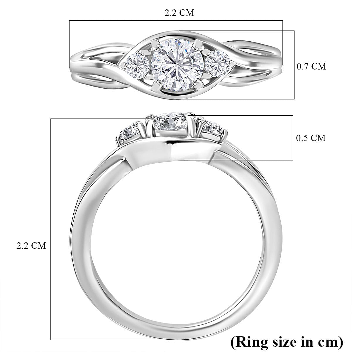 Moissanite Infinity Three Stone Ring in Platinum Overlay Sterling Silver