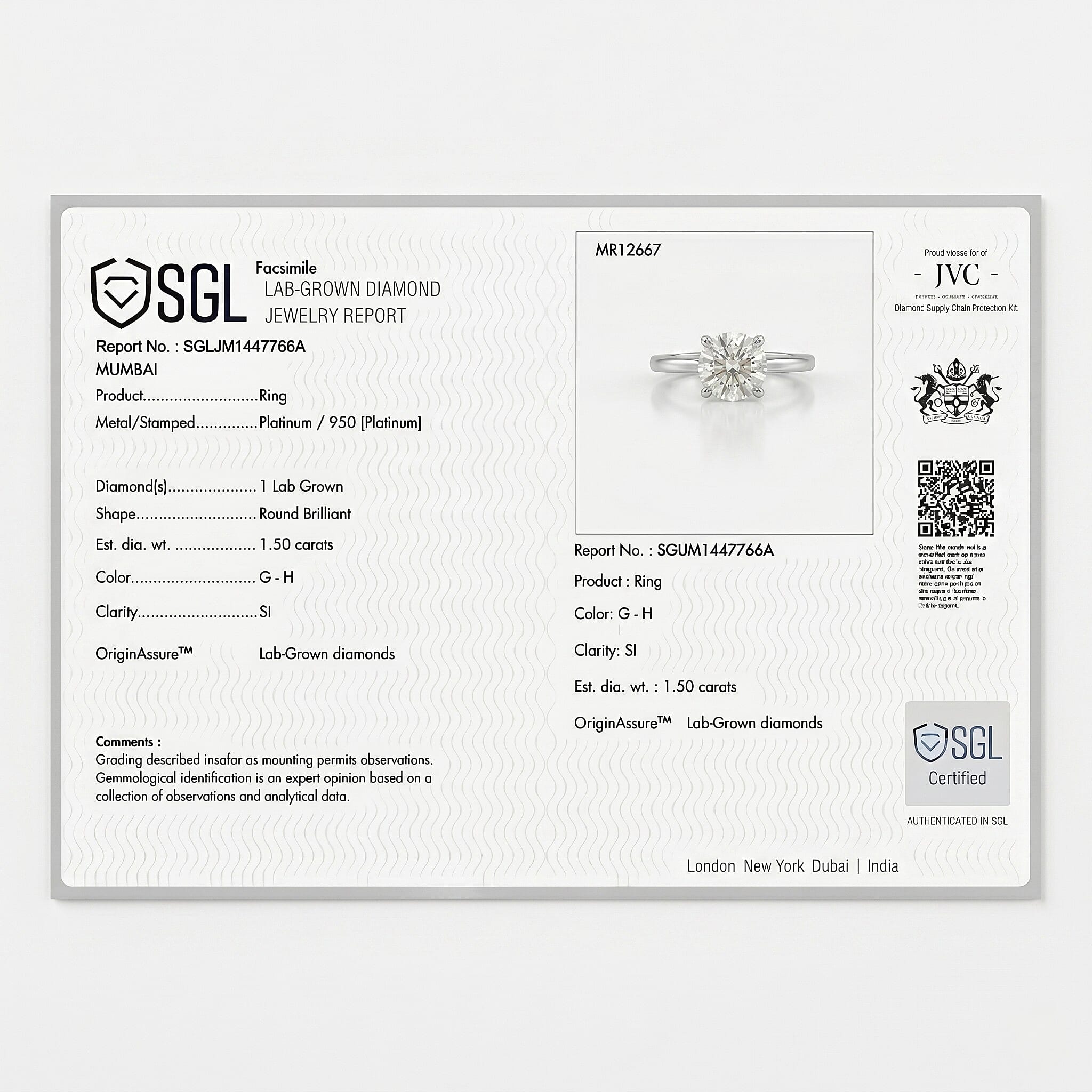 Luxuriant 950 Platinum SGL Certified Lab Grown Diamond (SI-GH) Solitaire Ring 1.50 Ct.