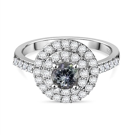 Peacock Tanzanite & White Zircon Double Halo Ring in Rhodium Overlay Sterling Silver 1.41 Ct.