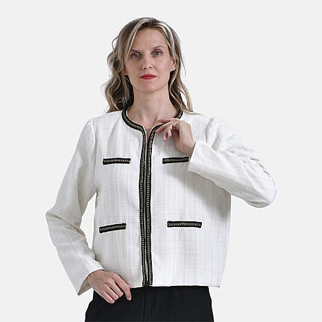 - Maisi Classic Summer Tweed Cropped Bomber Blazer with Black Trim (Size S) - Off White