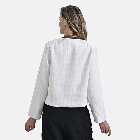 - Maisi Classic Summer Tweed Cropped Bomber Blazer with Black Trim (Size S) - Off White