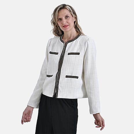 - Maisi Classic Summer Tweed Cropped Bomber Blazer with Black Trim (Size S) - Off White