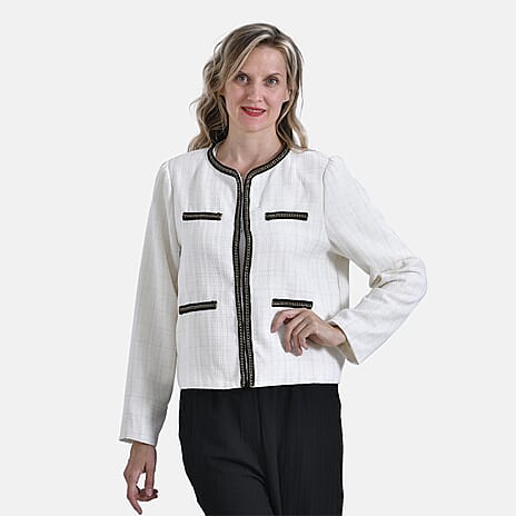 - Maisi Classic Summer Tweed Cropped Bomber Blazer with Black Trim (Size S) - Off White