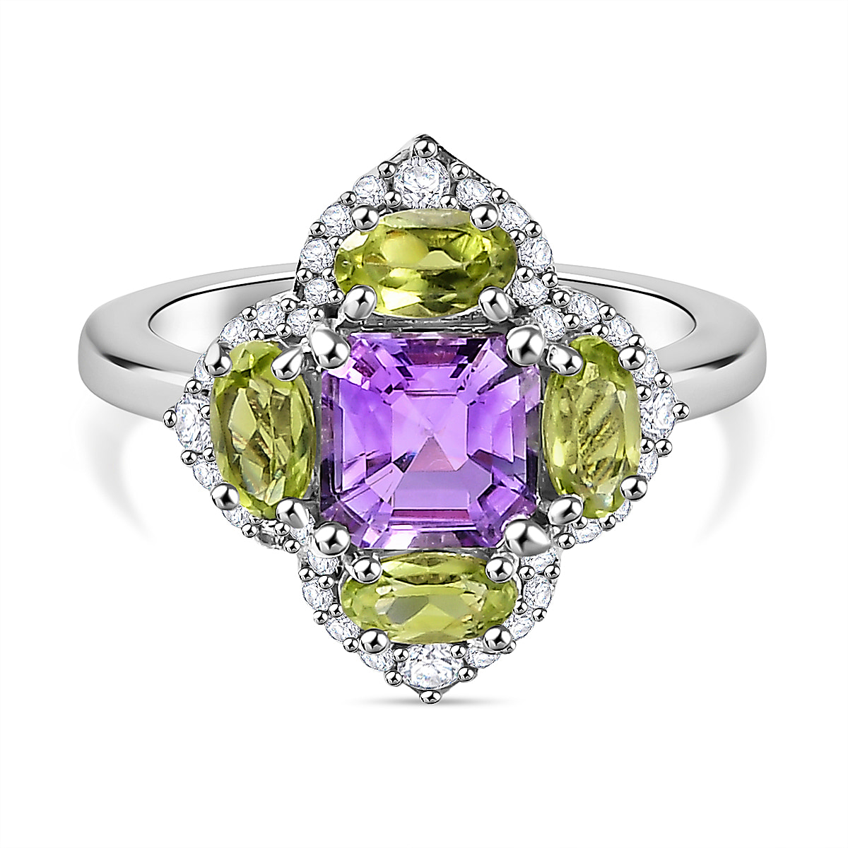 Rose De Morocco ,  Peridot ,  White Zircon  Cluster Ring in rhodium Sterling Silver 2.91 ct  2.742  Ct.