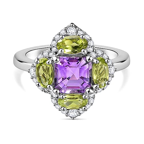 Corpse Flower Inspired Natural Rose De Morocco Amethyst with Multi Gemstone Cluster Ring in Rhodium Overlay Sterling Silver 2.74 Ct.