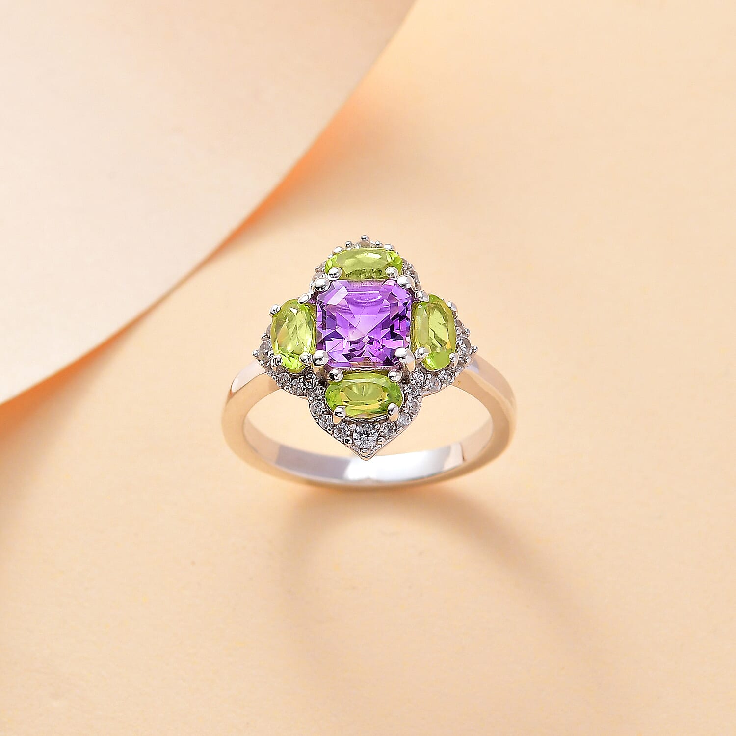 Corpse Flower Inspired Natural Rose De Morocco Amethyst with Multi Gemstone Cluster Ring in Rhodium Overlay Sterling Silver 2.74 Ct.