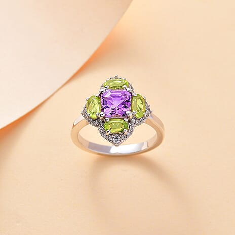 Corpse Flower Inspired Natural Rose De Morocco Amethyst with Multi Gemstone Cluster Ring in Rhodium Overlay Sterling Silver 2.74 Ct.