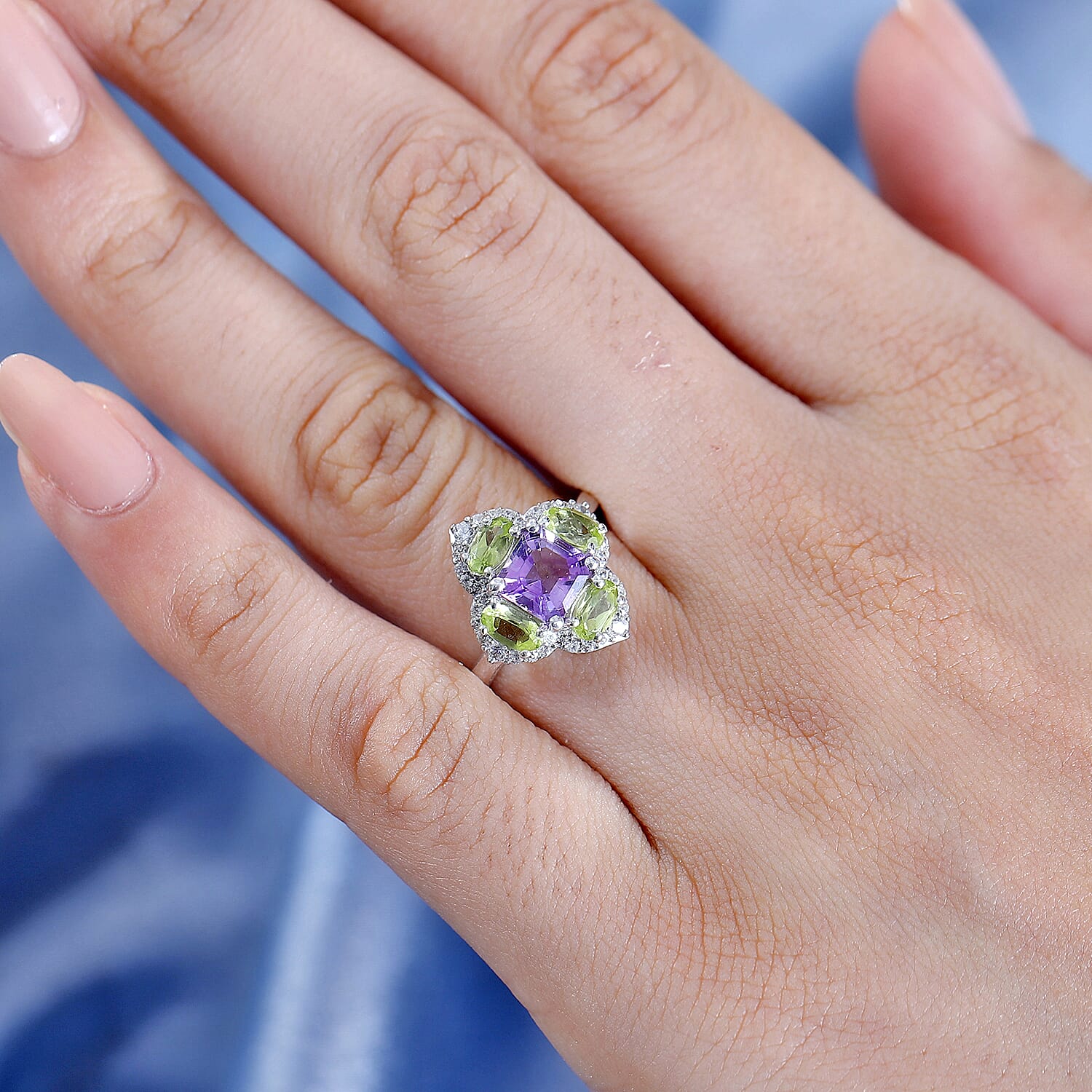 Corpse Flower Inspired Natural Rose De Morocco Amethyst with Multi Gemstone Cluster Ring in Rhodium Overlay Sterling Silver 2.74 Ct.