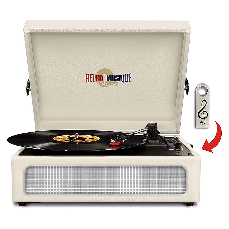 Retro Musique Bluetooth Suitcase Style Record Player With FM Radio LED Display Panel Built-in Speakers - USB-TF Card Reader includes 1 x 4GB USB - Cream