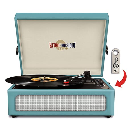 Retro Musique Bluetooth Suitcase Style Record Player With FM Radio LED Display Panel, Built-in Speakers - USB-TF Card Reader includes 1 x 4GB USB - Turquoise