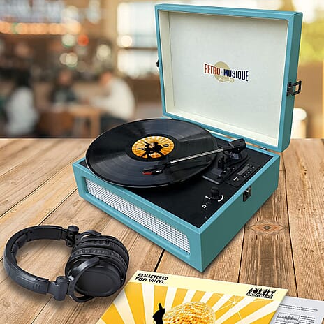 Retro Musique Bluetooth Suitcase Style Record Player With FM Radio LED Display Panel, Built-in Speakers - USB-TF Card Reader includes 1 x 4GB USB - Turquoise