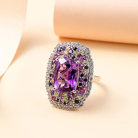 Berries Inspired Moroccan Amethyst & Multi Gemstones Ring in Rhodium Overlay Sterling Silver 9.51 Ct.