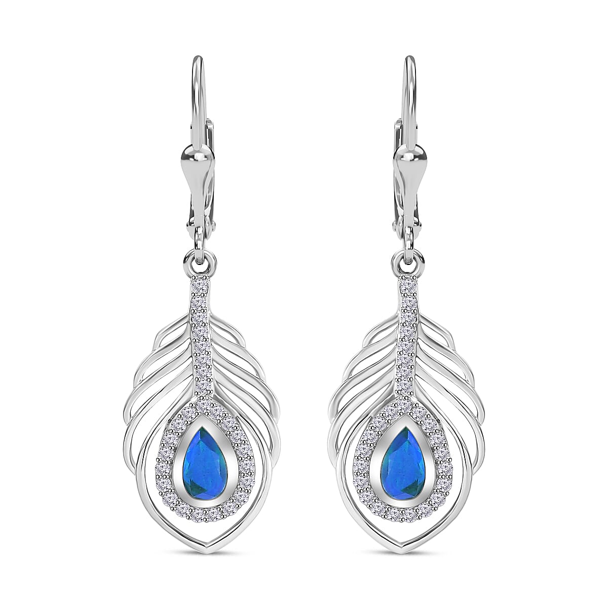 Peacock Triplet Quartz, White Zircon Solitaire Lever Back Earring in Rhodium Overlay Sterling Silver 1.60 ct.