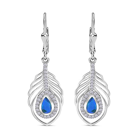 Peacock Triplet Quartz, White Zircon Feather Halo Earrings in Rhodium Overlay Sterling Silver 1.60 ct.