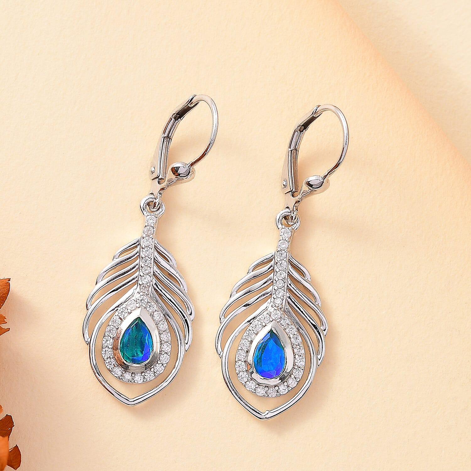 Peacock Triplet Quartz, White Zircon Solitaire Lever Back Earring in Rhodium Overlay Sterling Silver 1.60 ct.