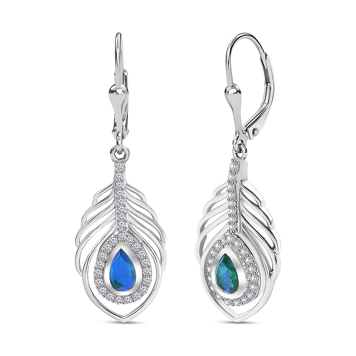Peacock Triplet Quartz, White Zircon Solitaire Lever Back Earring in Rhodium Overlay Sterling Silver 1.60 ct.
