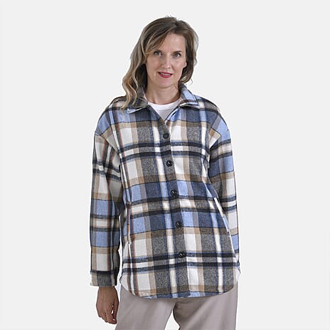 La Marey Check Fleece Shacket (Size L) - Blue - Brown