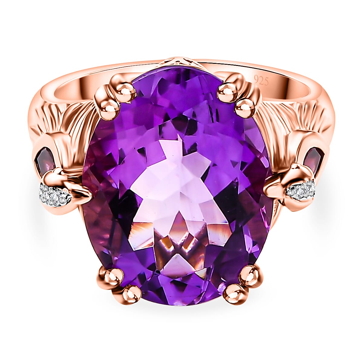 Natural Rose De Morocco, Rhodolite Garnet & White Zircon Ring in 18K Vermeil Rose Gold Plated 9.41 Ct, Silver Wt. 6.30 Gms.