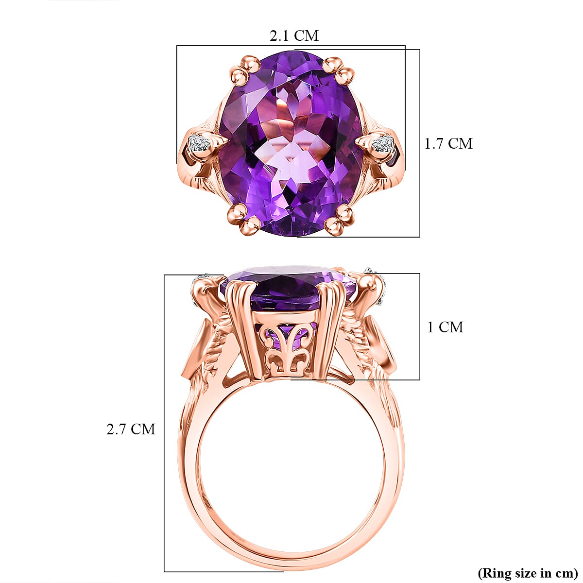 Natural Rose De Morocco, Rhodolite Garnet & White Zircon Ring in 18K Vermeil Rose Gold Plated 9.41 Ct, Silver Wt. 6.30 Gms.