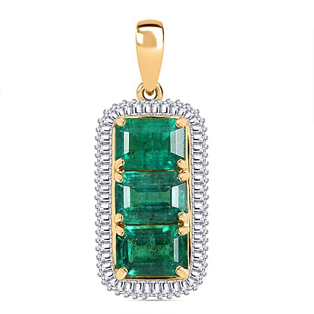 14K Yellow Gold AAA Premium Emerald, White Diamond  Pendant 3.64 Ct.