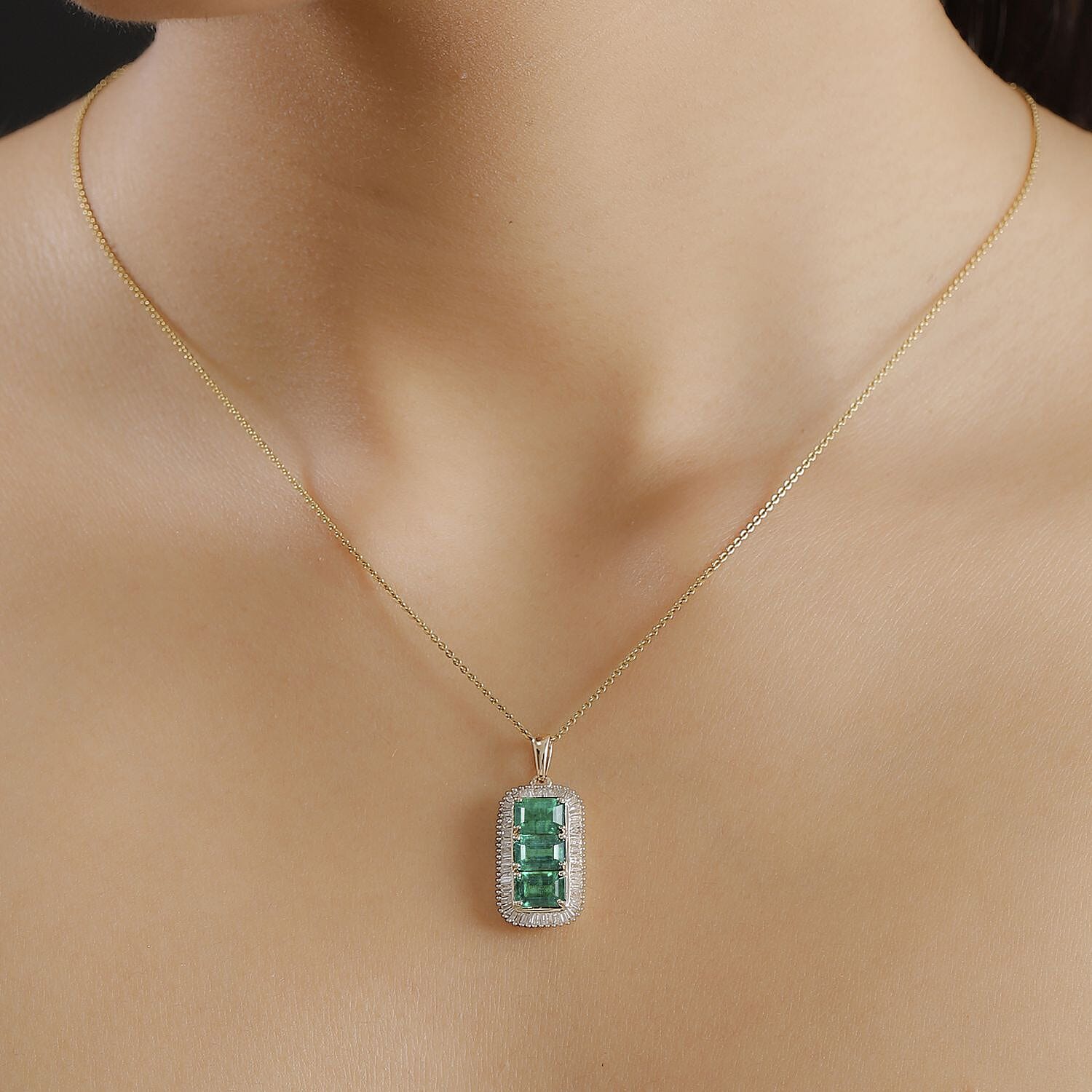 14K Yellow Gold AAA Premium Emerald & White Diamond Pendant 3.64 Ct.