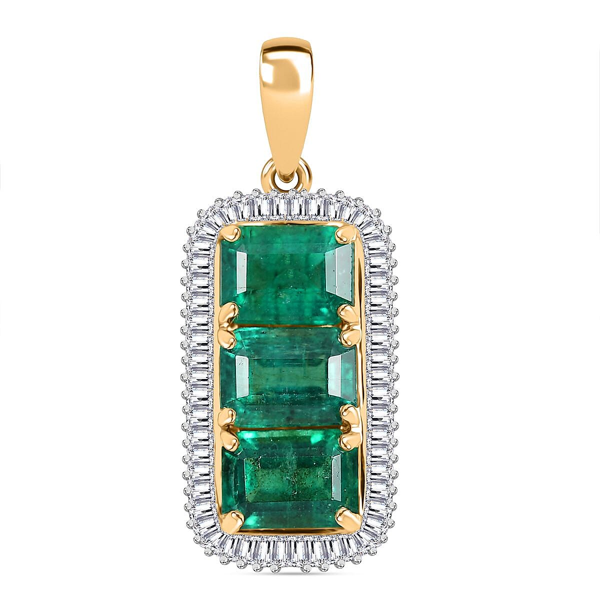 14K Yellow Gold AAA Premium Emerald & White Diamond Pendant 3.64 Ct.