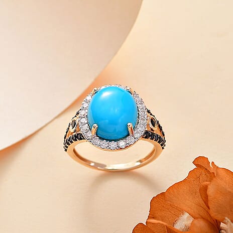 Rare Find - 9K Yellow Gold AAA Sleeping Beauty Turquoise with Blue Sapphire and Moissanite Ring 5.34 Ct.