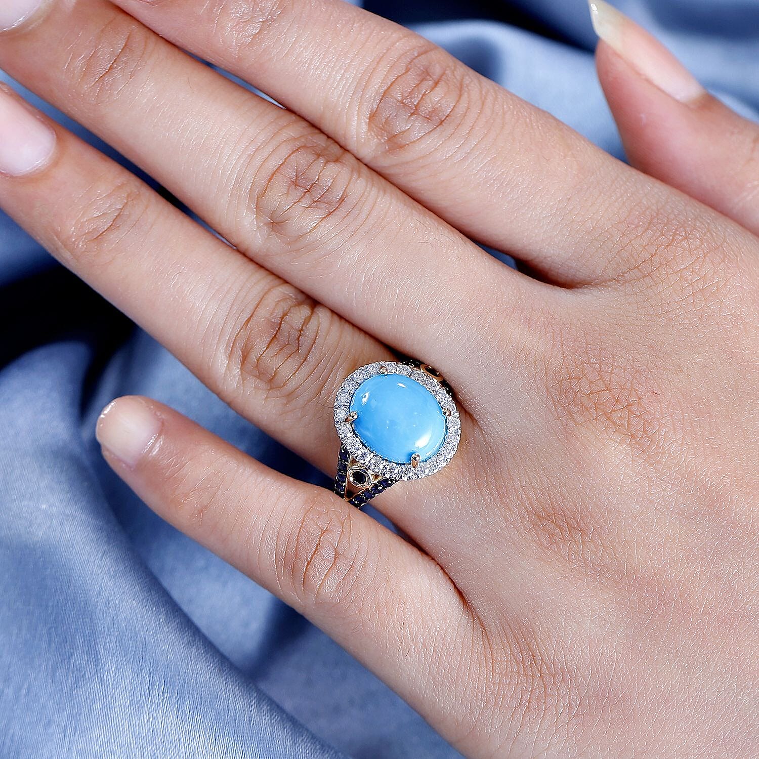 Rare Find - 9K Yellow Gold  AAA  Sleeping Beauty Turquoise with Blue Sapphire and Moissanite Ring 5.34 Ct,  Gold Wt. 3.05 Gms