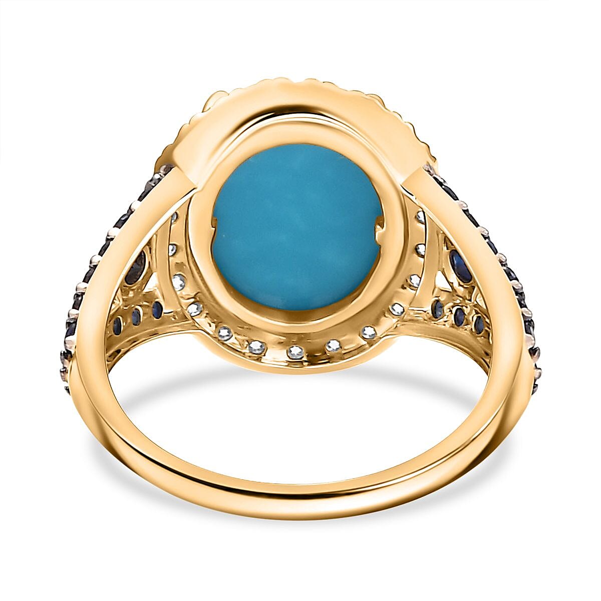 Rare Find - 9K Yellow Gold  AAA  Sleeping Beauty Turquoise with Blue Sapphire and Moissanite Ring 5.34 Ct,  Gold Wt. 3.05 Gms