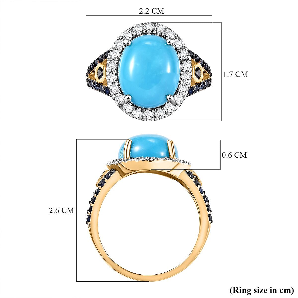 Rare Find - 9K Yellow Gold  AAA  Sleeping Beauty Turquoise with Blue Sapphire and Moissanite Ring 5.34 Ct,  Gold Wt. 3.05 Gms