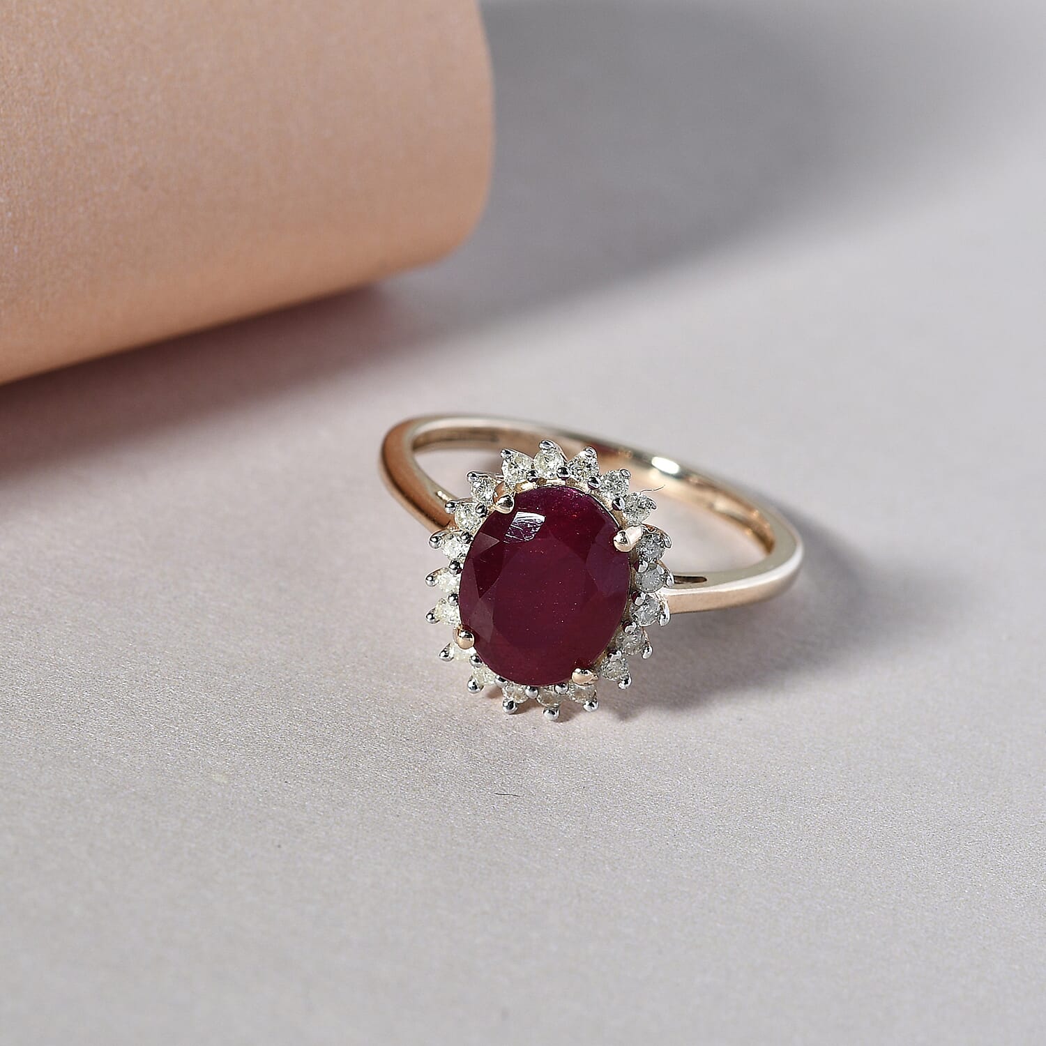 9K Yellow Gold Mundara Ruby and Diamond Halo Ring 2.39 Ct.