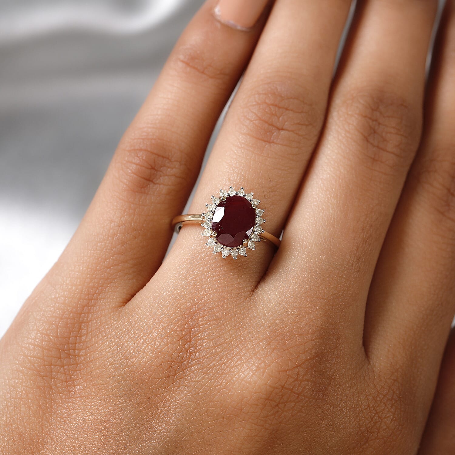 9K Yellow Gold Mundara Ruby and Diamond Halo Ring 2.39 Ct.