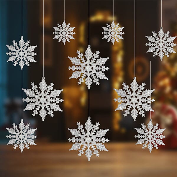 Set of 6 - Christmas Decorative Glitter Hang Snowflakes - White