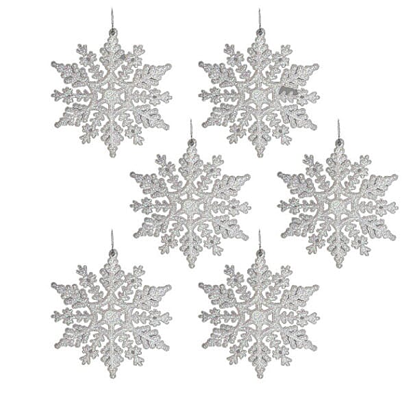 Set of 6 - Christmas Decorative Glitter Hang Snowflakes - White