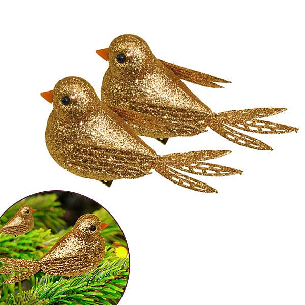 Set of 2 - Christmas Decorative Glitter Birds Clip (Size 10 Cm)- Gold