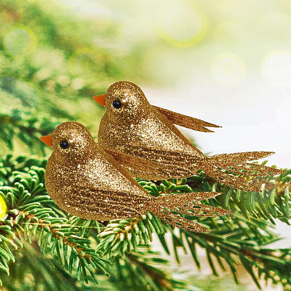Set of 2 - Christmas Decorative Glitter Birds Clip (Size 10 Cm)- Gold