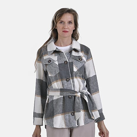 La Marey Checked Belted Winter Shirt (Size M) - Grey