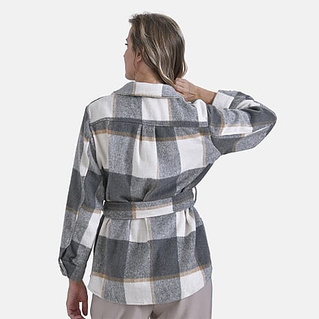 La Marey Checked Belted Winter Shirt (Size L) - Grey