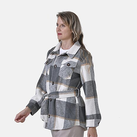 La Marey Checked Belted Winter Shirt (Size L) - Grey