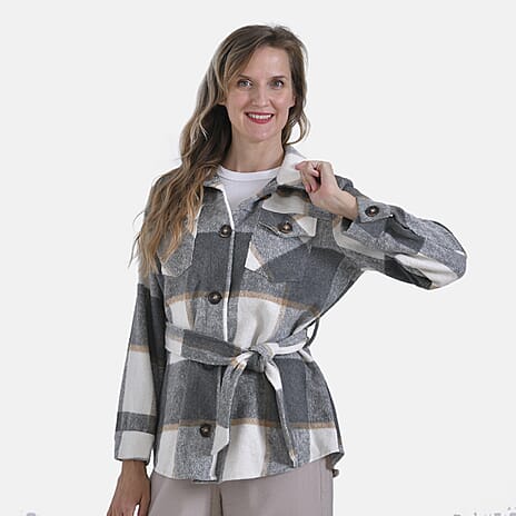 La Marey Checked Belted Winter Shirt (Size L) - Grey