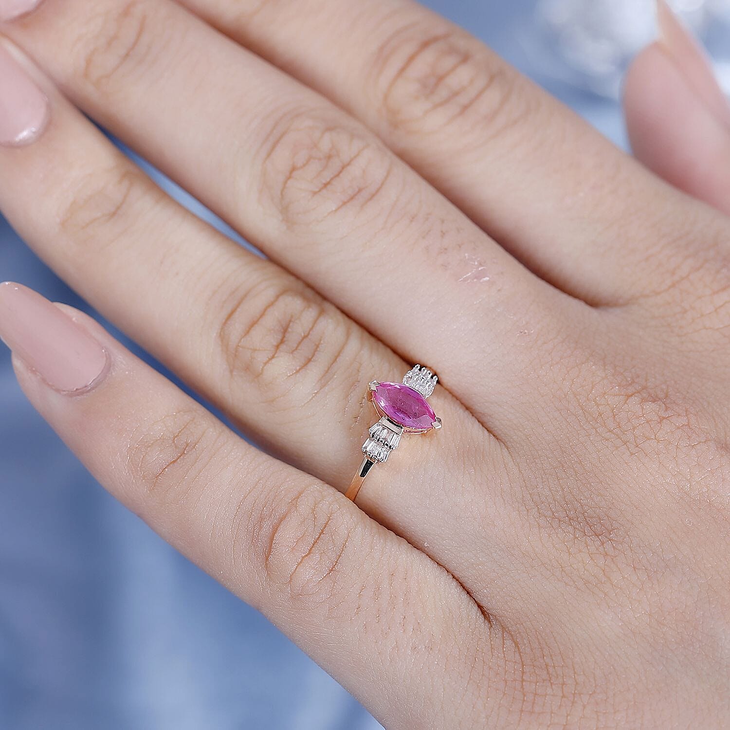 JCK Vegas CloseOut- 9K Rose Gold AAA Pink Sapphire and Diamond Ballerina Ring