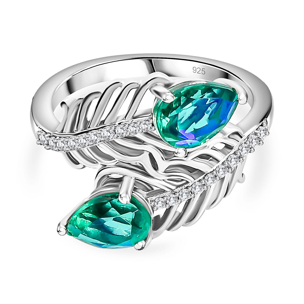 Peacock Triplet Quartz & White Zircon Bypass Ring in Rhodium Overlay Sterling Silver 1.90 Ct.