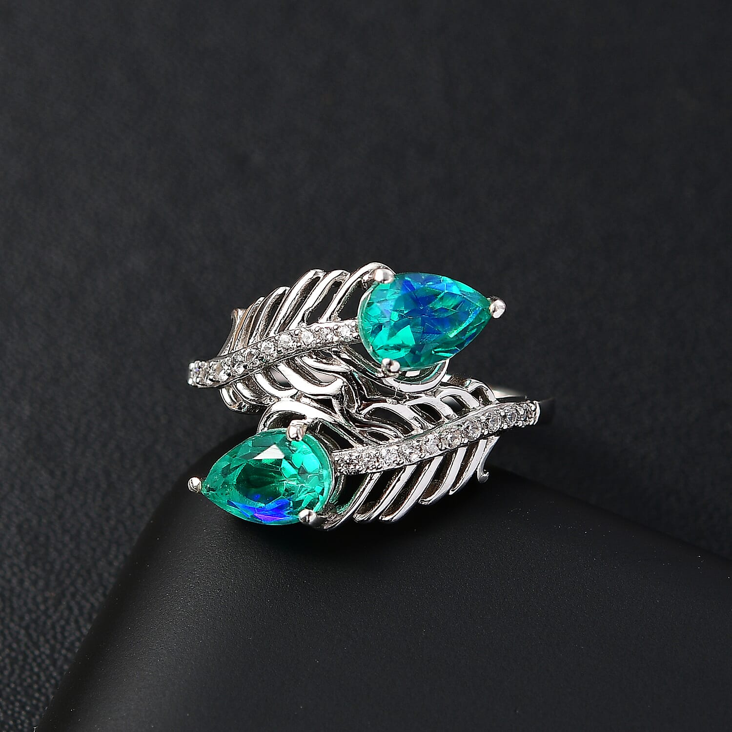 Peacock Triplet Quartz & White Zircon Bypass Ring in Rhodium Overlay Sterling Silver 1.90 Ct.