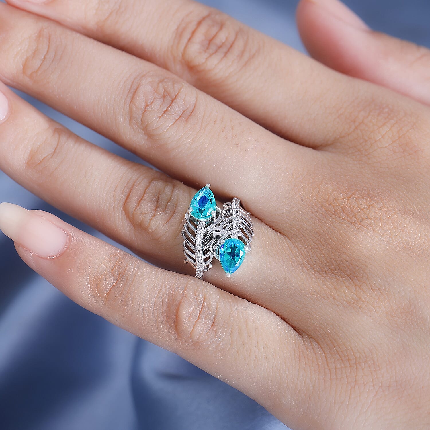 Peacock Triplet Quartz & White Zircon Bypass Ring in Rhodium Overlay Sterling Silver 1.90 Ct.